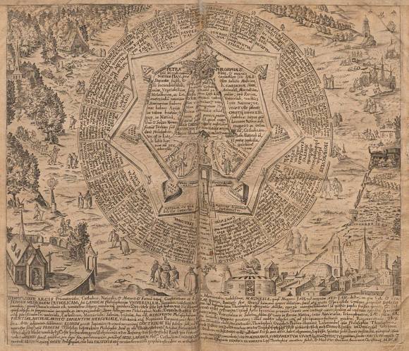  Las 21 puertas que prometen el acceso al corazón de la ciudadela Hermética, 20 de las cuales no conducen sino al error. Placa de doble página, con grabado fechado en 1602 (edición de 1609). 