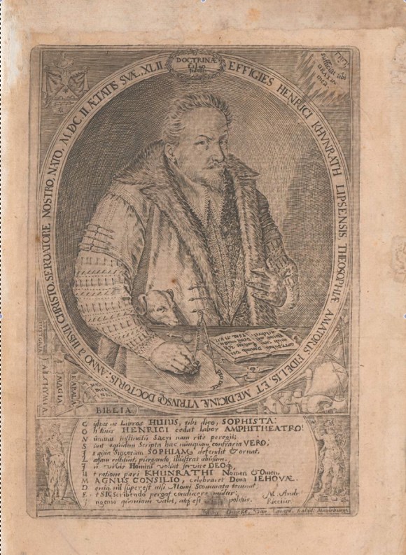 Retrato de Khunrath a la edad de 42 años con la Biblia abierta en el Salmo 71,17. Aparece también un perro y representaciones de libros y aparatos alquímicos (grabado de Jan Diricks van Campen, de Magdeburgo), edición de 1609.