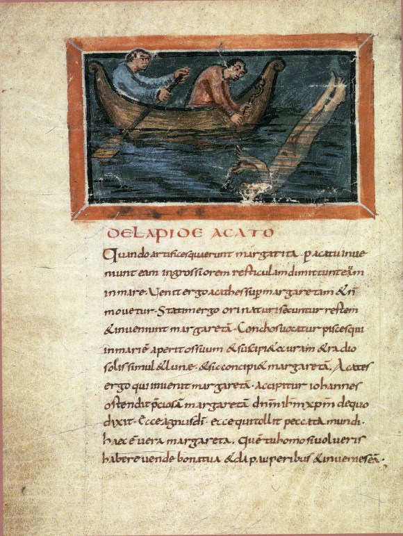 Catching of pearls, Bern Physiologus (9th century)